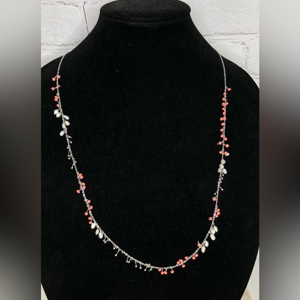 Cleo Peach Stones & Freshwater Pearl Silver Tone Necklace